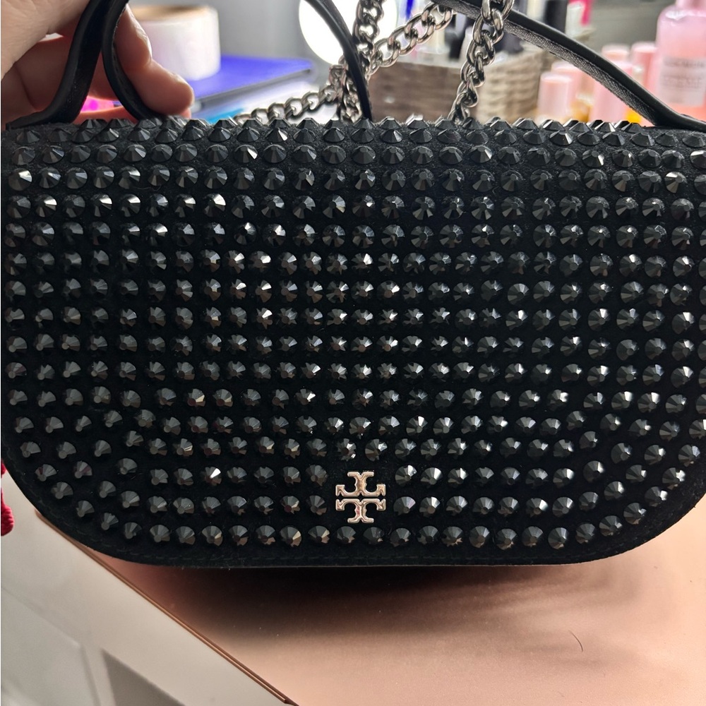 New black rhinestone Tory Burch crossbody purse
